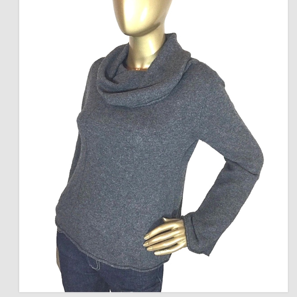 WENDY B Cashmere Sweater M Cowl Turtleneck Grey Double Seam Front Bell Sleeves